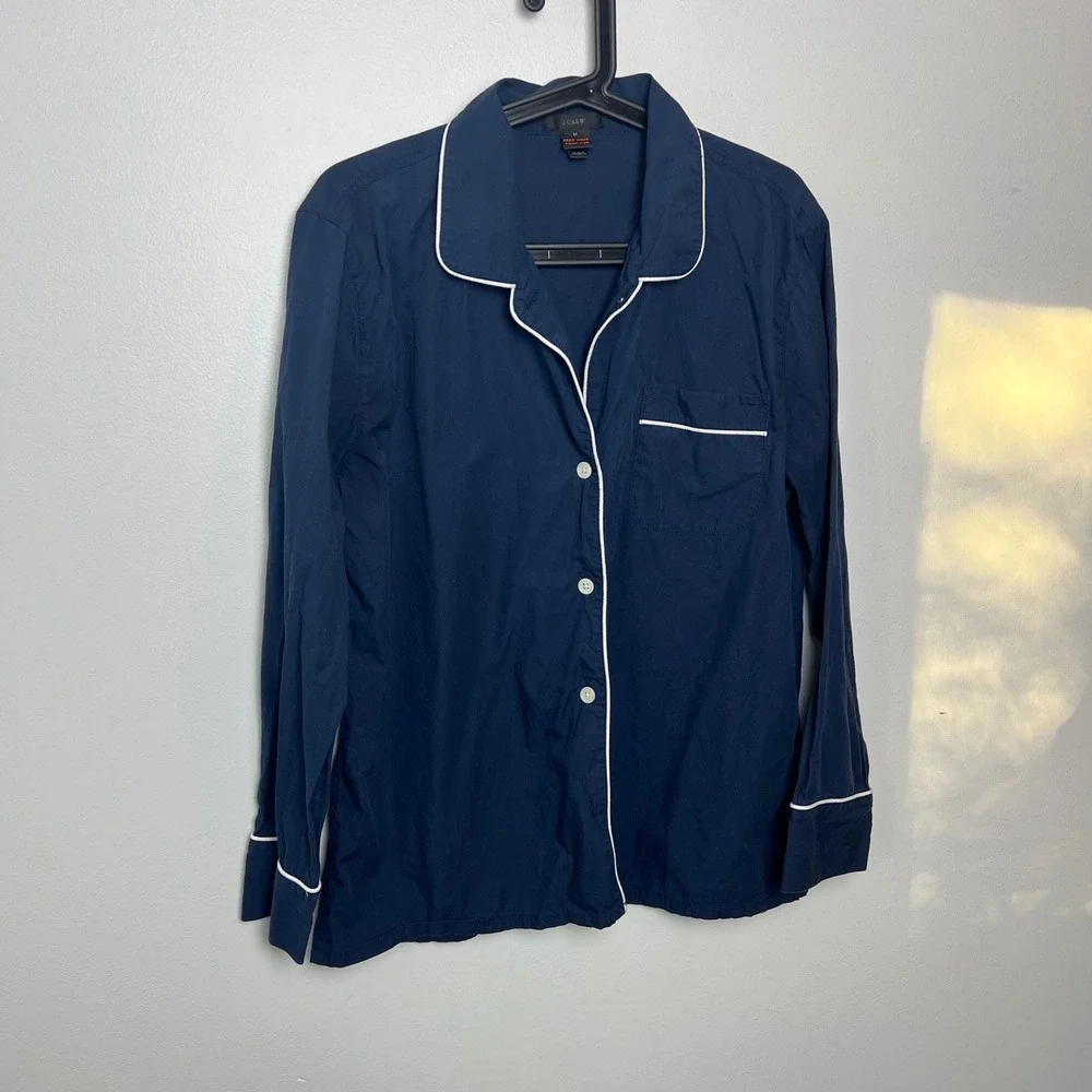 J.Crew Woman's Navy Blue White Pajama‎ Top 100% Cotton Classic Comfort